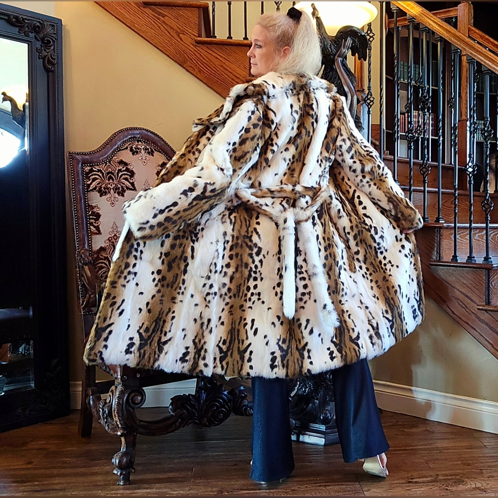 Long Lynx Printed Rabbit Fur Coat NWT